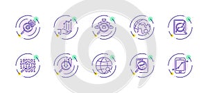 10 in 1 vector icons set related to data analysis theme. Violet lineart vector icons