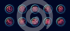 10 in 1 vector icons set related to discussion theme. Lineart vector icons in geometric neon glow style