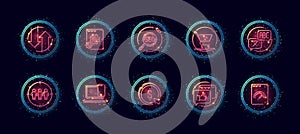 10 in 1 vector icons set related to seo link optimization theme. Lineart vector icons in  neon glow style with particles