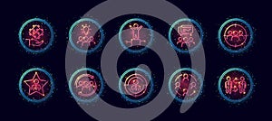 10 in 1 vector icons set related to team work theme. Lineart vector icons in  neon glow style with particles