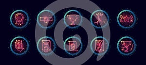 10 in 1 vector icons set related to winner award theme. Lineart vector icons in  neon glow style with particles