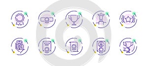 10 in 1 vector icons set related to winner award theme. Violet lineart vector icons