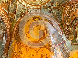 10-13th century Christian Cave Paintings at the Cave Churches at Goreme Open Air Museum in Rose Valley Cappadocia, Turkey.