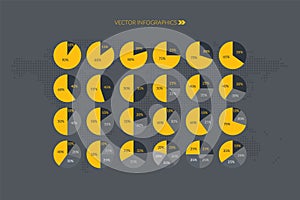 10 15 20 25 30 33 35 40 45 50 55 60 65 70 75 80 85 90 percent pie chart set. Circle diagrams. Dotted world map. Vector percentage