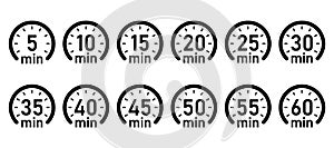 10, 15, 20, 25, 30, 35, 40, 45, 50 min,Timer, clock, isolated set icons vector