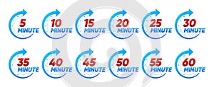 10, 15, 20, 25, 30, 35, 40, 45, 50 min. Timer, clock, stopwatch isolated set icons. Kitchen timer icon with different