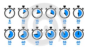10, 15, 20, 25, 30, 35, 40, 45, 50 min. Timer, clock, stopwatch isolated set icons. Kitchen timer icon with different