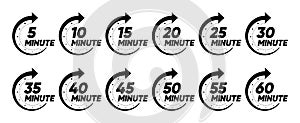 10, 15, 20, 25, 30, 35, 40, 45, 50 min. Timer, clock, stopwatch isolated set icons. Kitchen timer icon with different