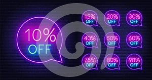 10, 15, 20, 30,40,50, 60, 75, 80, 90 percent off . Neon discount light signs on a dark background.