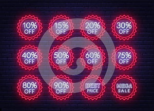 10, 15, 20, 30,40,50, 60, 75, 80, 90 percent off . Neon discount light signs on a dark background.