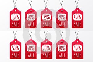 10 20 25 30 40 50 60 70 80 90 percent sale vector icon. Red shopping tag sign. Illustration for advertisement, discount, business