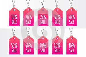 10 20 25 30 40 50 60 70 80 90 percent shopping tag set. Vector icon isolated. Sign for sale, label, discount, advertisement,