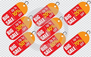 10,20,25,30,40,50,60,70 Percent discount, Set of sale tags and labels, template shopping labels