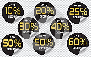 10,20,25,30,40,50,60,70 Percent discount tag badge shape, sticker with offer message, Vector