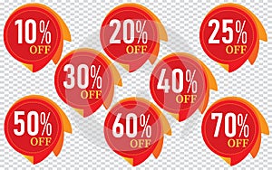 10,20,25,30,40,50,60,70 Percentage Special offer sale red tag isolated vector illustration. Discount offer price label
