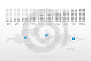 10 20 30 40 50 60 70 80 90 percent square chart symbols. World Map with Map Pointers. Infographic illustration icons for business