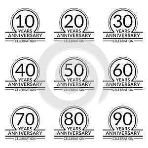 10,20,30,40,50,60,70,80,90 years Anniversary logo. Birthday celebration icon set. Party invitation, Jubilee celebrating emblem or