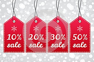 10%, 20%, 30%, 50% Sale shopping tag. Vector icon set with snow Christmas pattern. Snowflake winter background. Red white labels