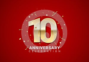 10 anniversary background with golden numbers, confetti, stars on bright red holiday background. Vector Illustration