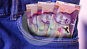 10 Azerbaijan Manat Banknotes in Pocket of Jeans