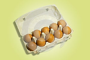 10 brown chicken eggs in paper egg box isolated on white to yellow gradient background. side view. Healthy food concept