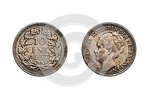 10 Cents 1937 Wilhelmina. Netherlands coin. Obverse. Reverse