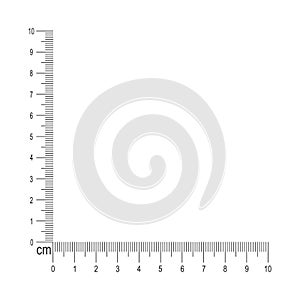 10 cm corner ruler. Measuring tool template with vertical and horizontal lines with centimeters and millimeters markup
