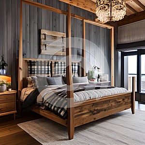 10 A cozy, rustic bedroom with a mix of wooden and plaid finishes, a classic wooden bed frame, and a mix of patterned and solid