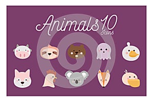 10 Cute animals cartoons flat style icon set vector design