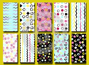 10 Cute different seamless patterns . Wavy lines, squares, swirles, circles, triangles and stars. Endless texture can be u