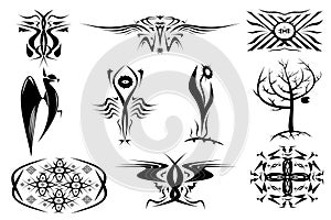 10 decorative ornaments of tattoos. Set in black