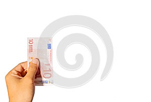 10 Euro bangknote in hand with white background