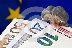 10 Euro note in mouth of a hippo figurine