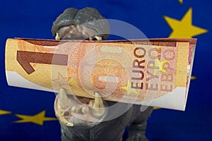 10 Euro note in mouth of a hippo figurine