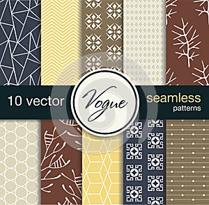 10 fashionable seamless vector patterns. Blanks for postcards, prints fabric, background for web. Subject fashion.