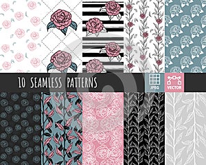 10 flower seamless pattern set in scandinavian pastel pink blue black and white interior colors , repeatable tile square for texti