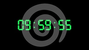 10 hour o`clock digital clock. Seconds count to ten. Numerical electronic green display screen