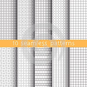 10 Light grey seamless patterns for universal background. Grey and white colors.