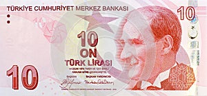 10 Lira banknote front. Turkish money