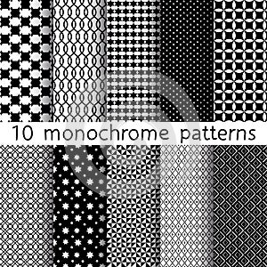 10 Monochrome different vector seamless patterns.