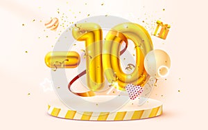 10 Off. Discount creative composition. 3d Golden sale symbol with decorative objects, heart shaped balloons, golden