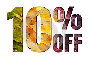 10% off discount promotion sale poster, ads. Autumn sale banner with green, yellow and red leaves on white background.