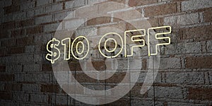 $10 OFF - Glowing Neon Sign on stonework wall - 3D rendered royalty free stock illustration