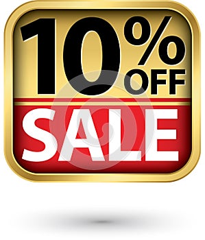 10% off sale golden label with red ribbon,vector illustration