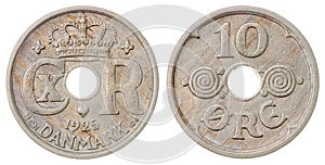 10 ore 1925 coin isolated on white background, Denmark