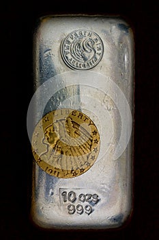 10 Ounce Silver Bullion Bar and Early Gold Coin