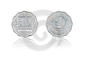 10 paise coin with mirror reflection. The Islamic Republic of Pakistan