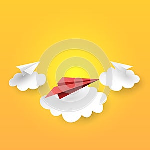 10.Paper airplanes flying on clouds background