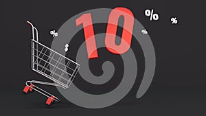 10 percent discount flying out of a shopping cart on a black background. Concept of discounts, black friday, online sales. 3d