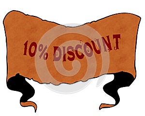 10 PERCENT DISCOUNT written with vintage font on cartoon vintage ribbon.